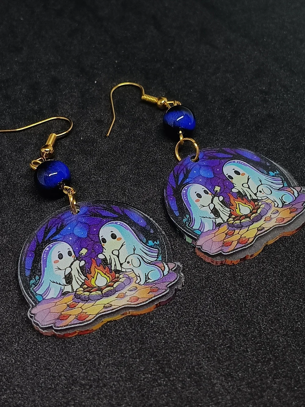 Gold-Tone Ghost Campfire Dangle Earrings in Blue and Purple